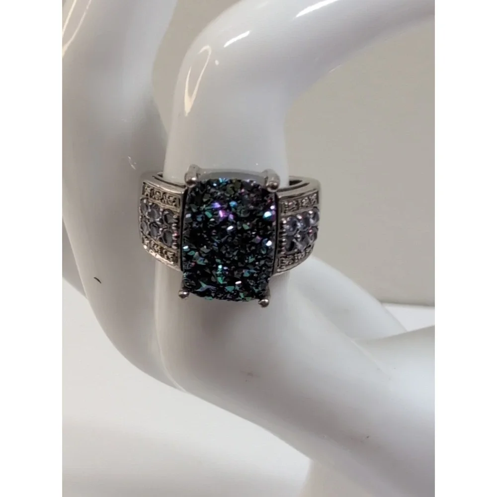 Vintage‎ Multi-Color Druzy 925 Sterling Silver  Ring Size 7 US